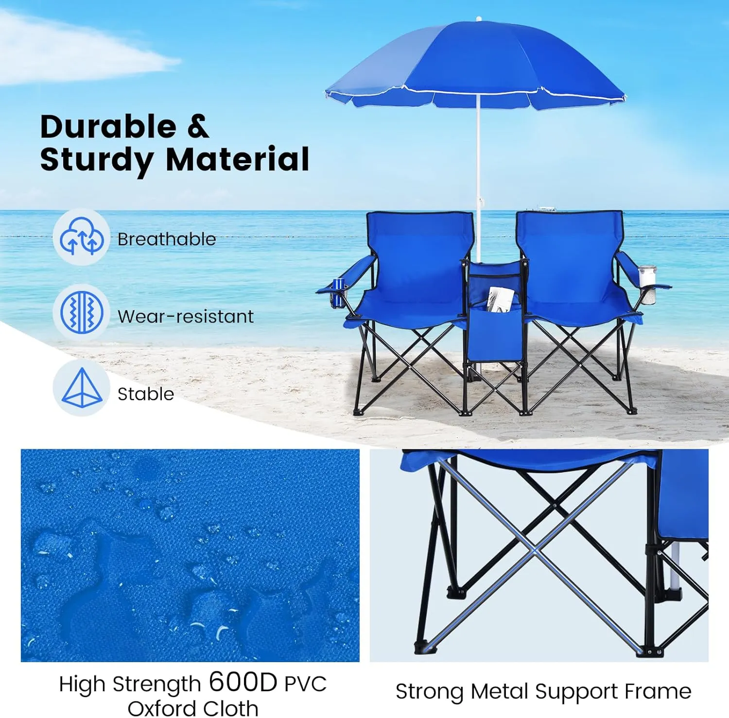 MAT EXPERT Folding Double Camp Chair w/Removable Umbrella, Portable Picnic Chair w/Mini Table, Chair Set w/Beverage Holder, Portable Loveseat Camp Chairs for Beach/Backyard/Poolside/Park