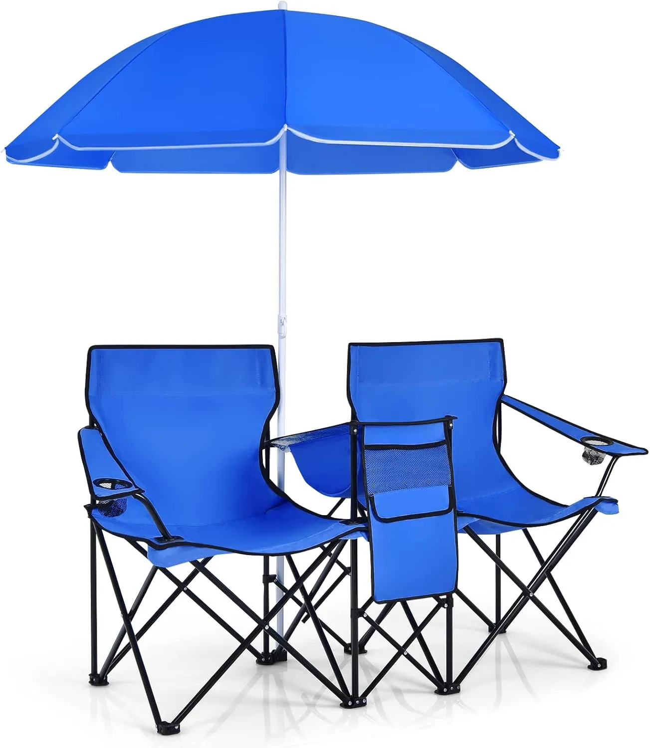 MAT EXPERT Folding Double Camp Chair w/Removable Umbrella, Portable Picnic Chair w/Mini Table, Chair Set w/Beverage Holder, Portable Loveseat Camp Chairs for Beach/Backyard/Poolside/Park