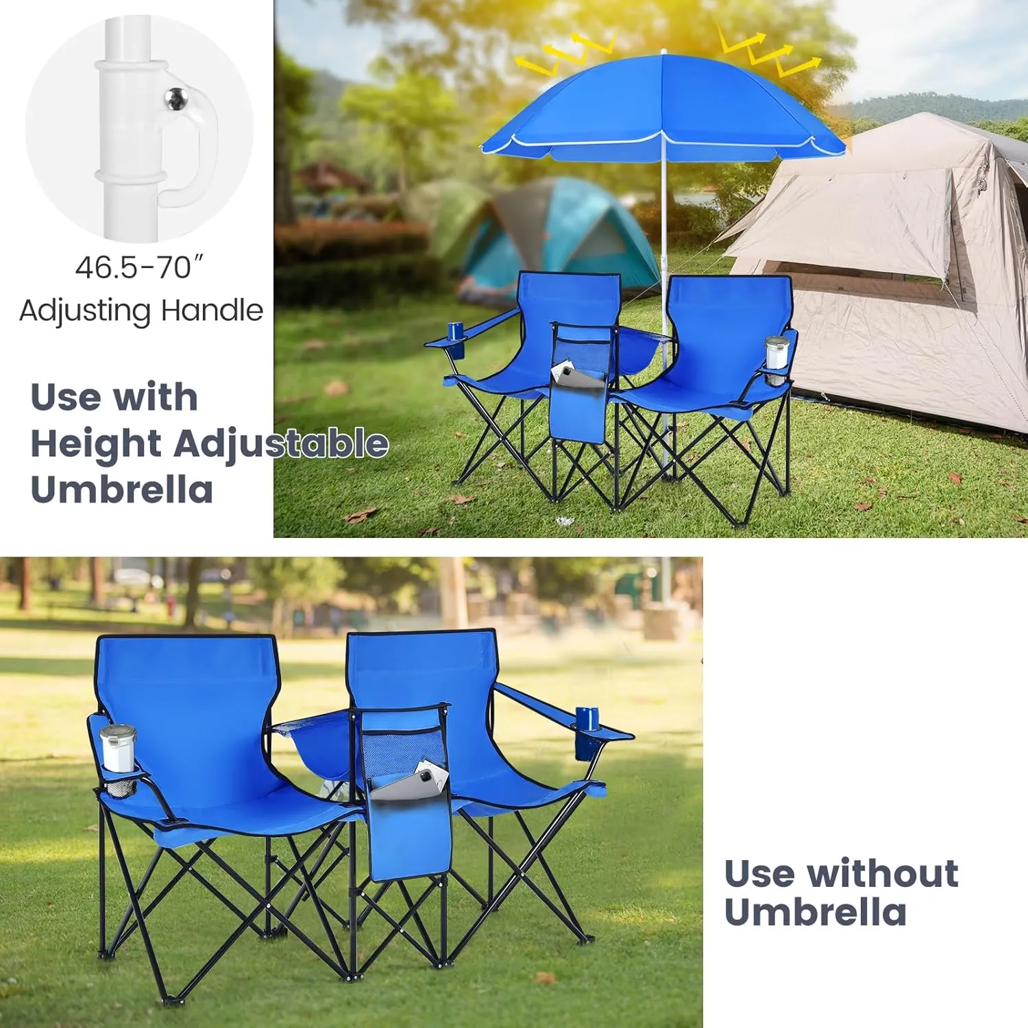 MAT EXPERT Folding Double Camp Chair w/Removable Umbrella, Portable Picnic Chair w/Mini Table, Chair Set w/Beverage Holder, Portable Loveseat Camp Chairs for Beach/Backyard/Poolside/Park