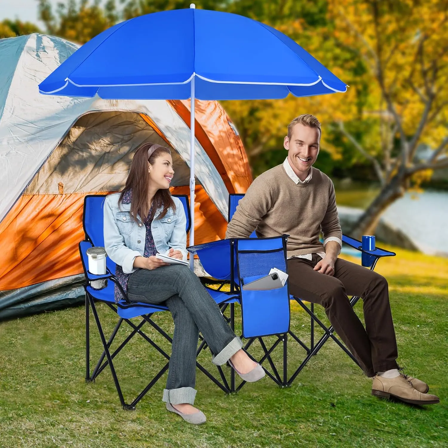 MAT EXPERT Folding Double Camp Chair w/Removable Umbrella, Portable Picnic Chair w/Mini Table, Chair Set w/Beverage Holder, Portable Loveseat Camp Chairs for Beach/Backyard/Poolside/Park