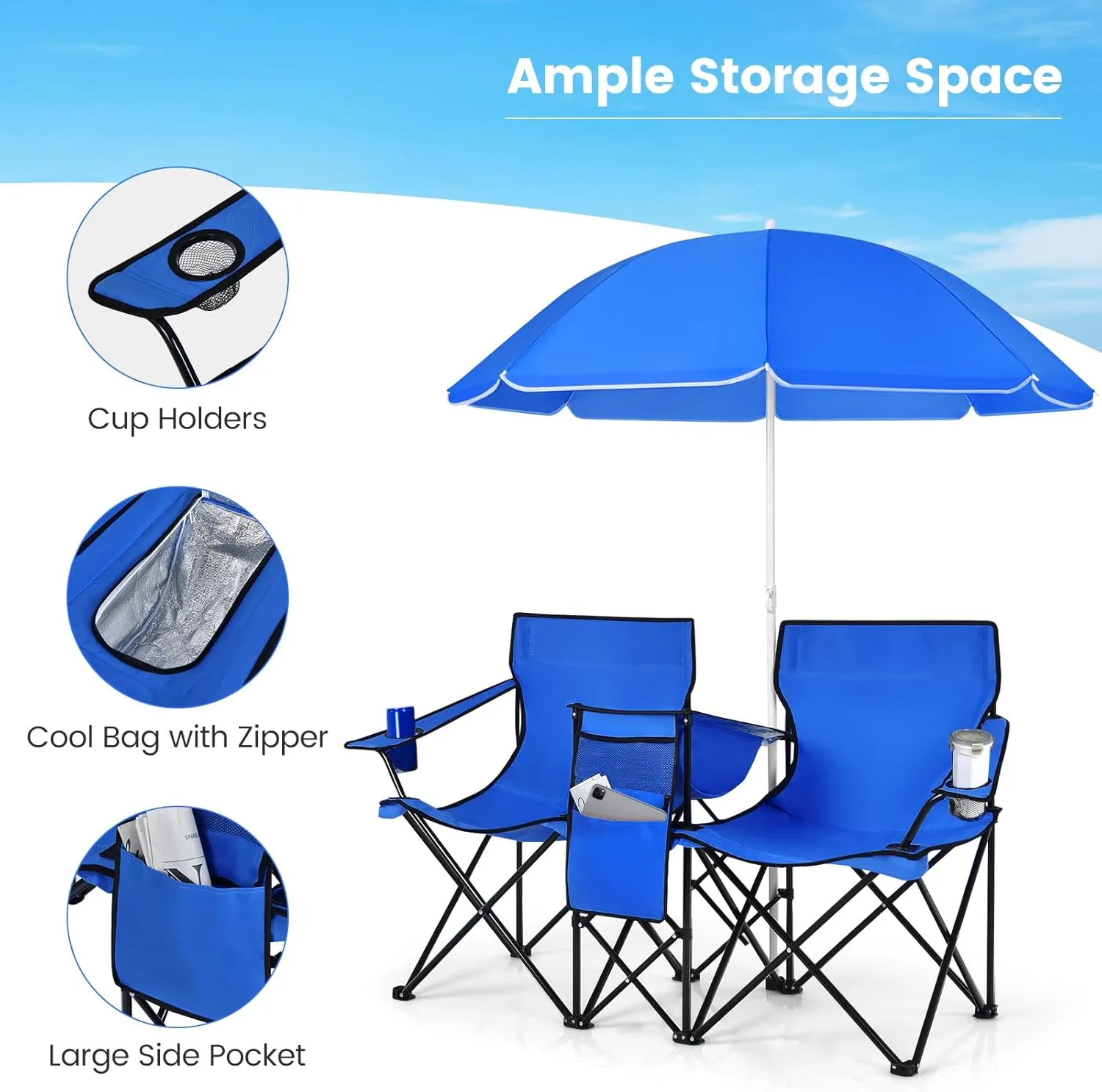 MAT EXPERT Folding Double Camp Chair w/Removable Umbrella, Portable Picnic Chair w/Mini Table, Chair Set w/Beverage Holder, Portable Loveseat Camp Chairs for Beach/Backyard/Poolside/Park