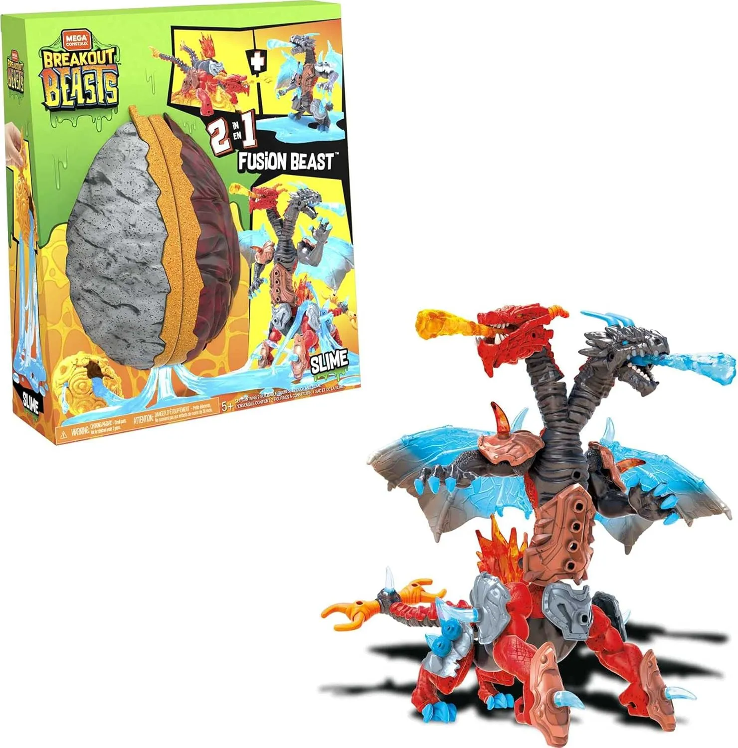 Mega Construx Breakout Beasts 2-in-1 Fusion Beast Construction Set with 2 Buildable Figures, Slime for Kids