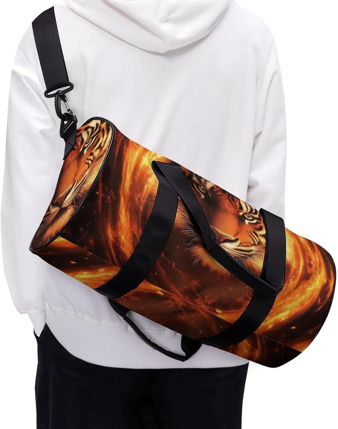 Men Women Duffel Bag, Waterproof Weekender Overnight Shoulder Bag Large Gym Sport Bags Wild Angry Animal King Fire Flame Tiger Travel Storage Handbag