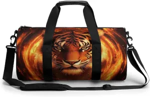 Men Women Duffel Bag, Waterproof Weekender Overnight Shoulder Bag Large Gym Sport Bags Wild Angry Animal King Fire Flame Tiger Travel Storage Handbag