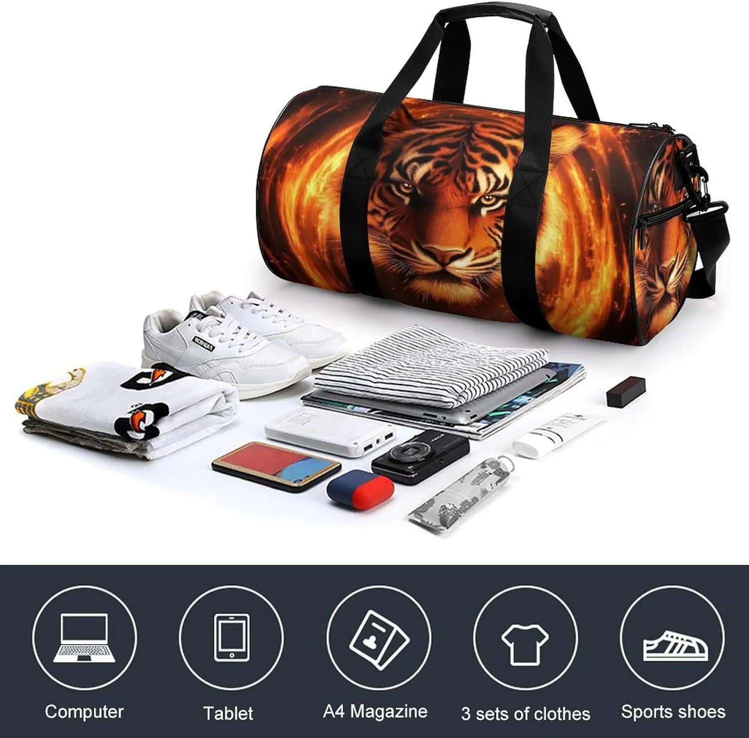 Men Women Duffel Bag, Waterproof Weekender Overnight Shoulder Bag Large Gym Sport Bags Wild Angry Animal King Fire Flame Tiger Travel Storage Handbag