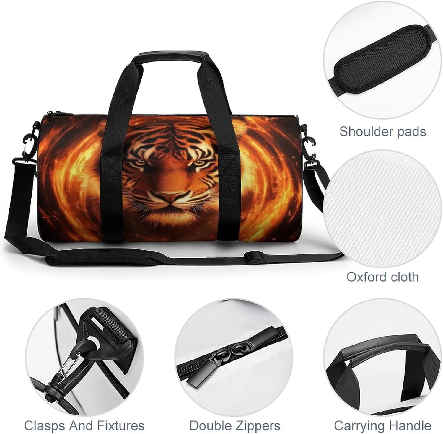 Men Women Duffel Bag, Waterproof Weekender Overnight Shoulder Bag Large Gym Sport Bags Wild Angry Animal King Fire Flame Tiger Travel Storage Handbag