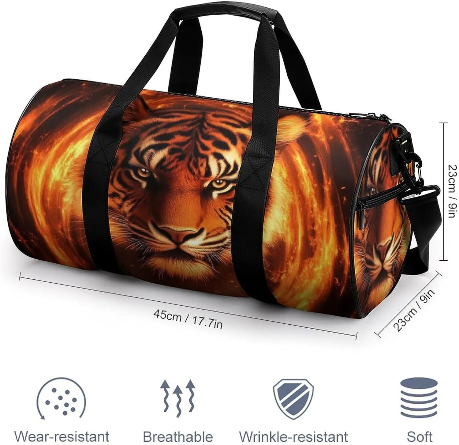 Men Women Duffel Bag, Waterproof Weekender Overnight Shoulder Bag Large Gym Sport Bags Wild Angry Animal King Fire Flame Tiger Travel Storage Handbag
