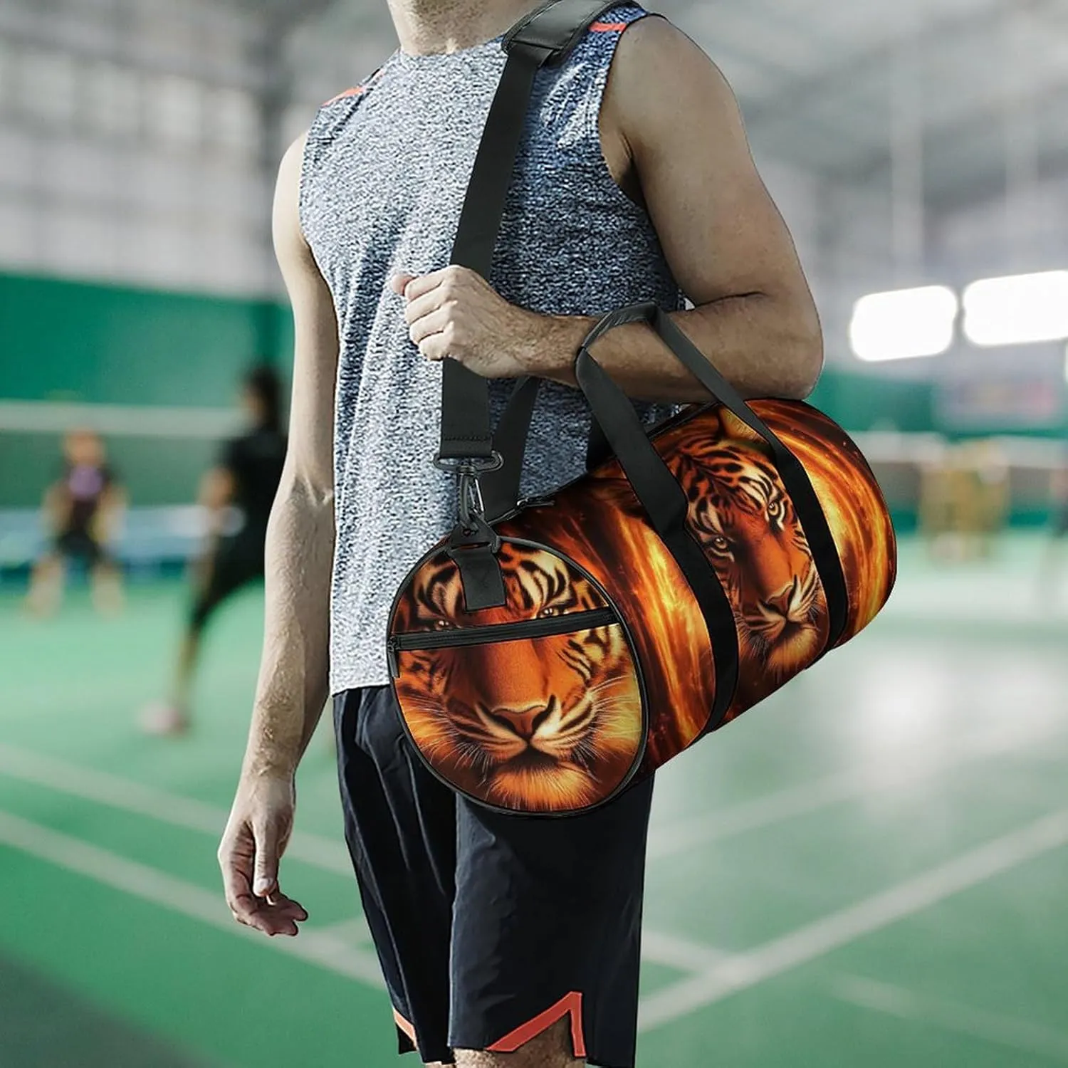 Men Women Duffel Bag, Waterproof Weekender Overnight Shoulder Bag Large Gym Sport Bags Wild Angry Animal King Fire Flame Tiger Travel Storage Handbag