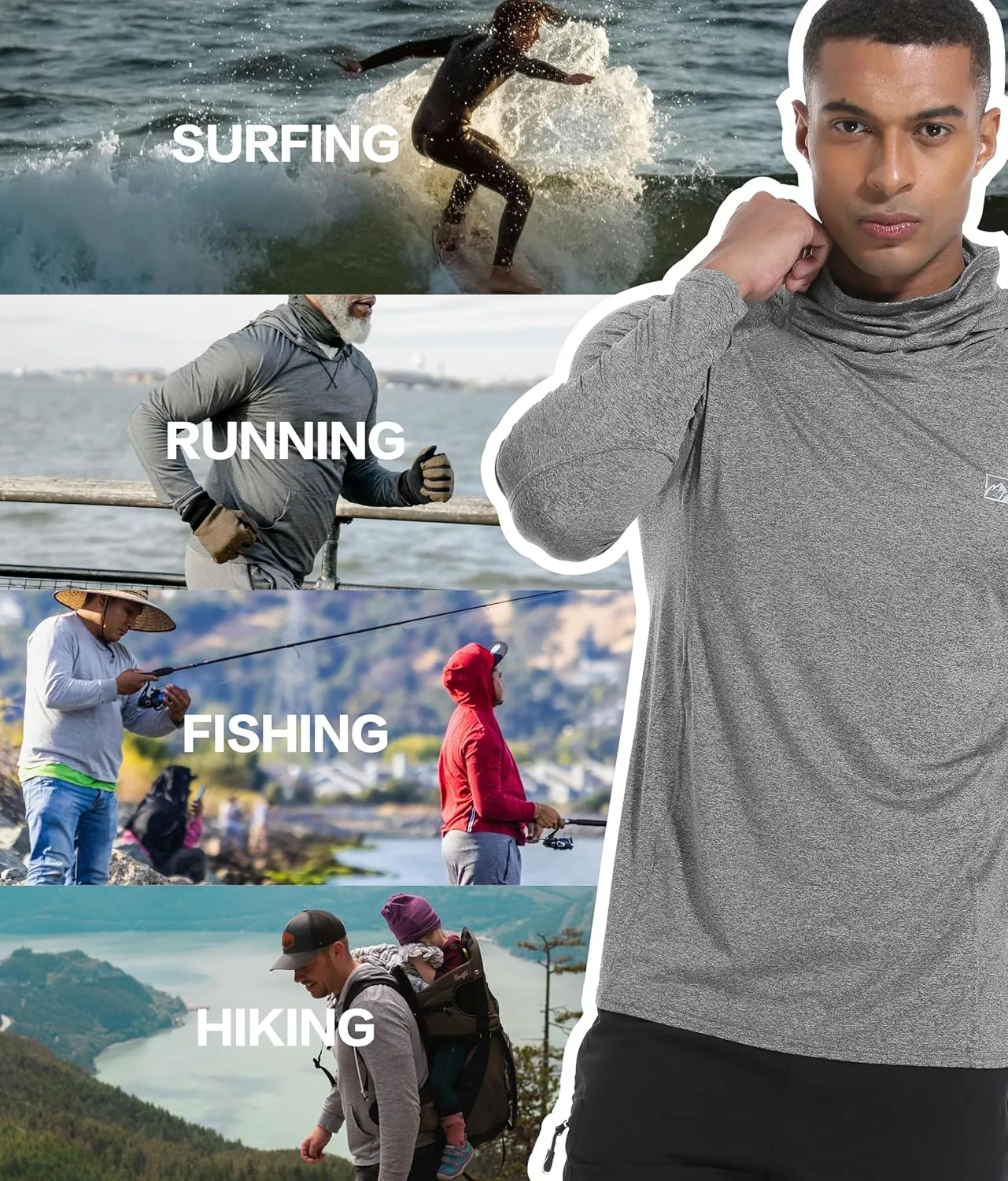 Men's UPF 50  Sun Protection Shirts UV SPF Rash Guard Long Sleeve Lightweight Hoodie Shirts Fishing Hiking Running Swim