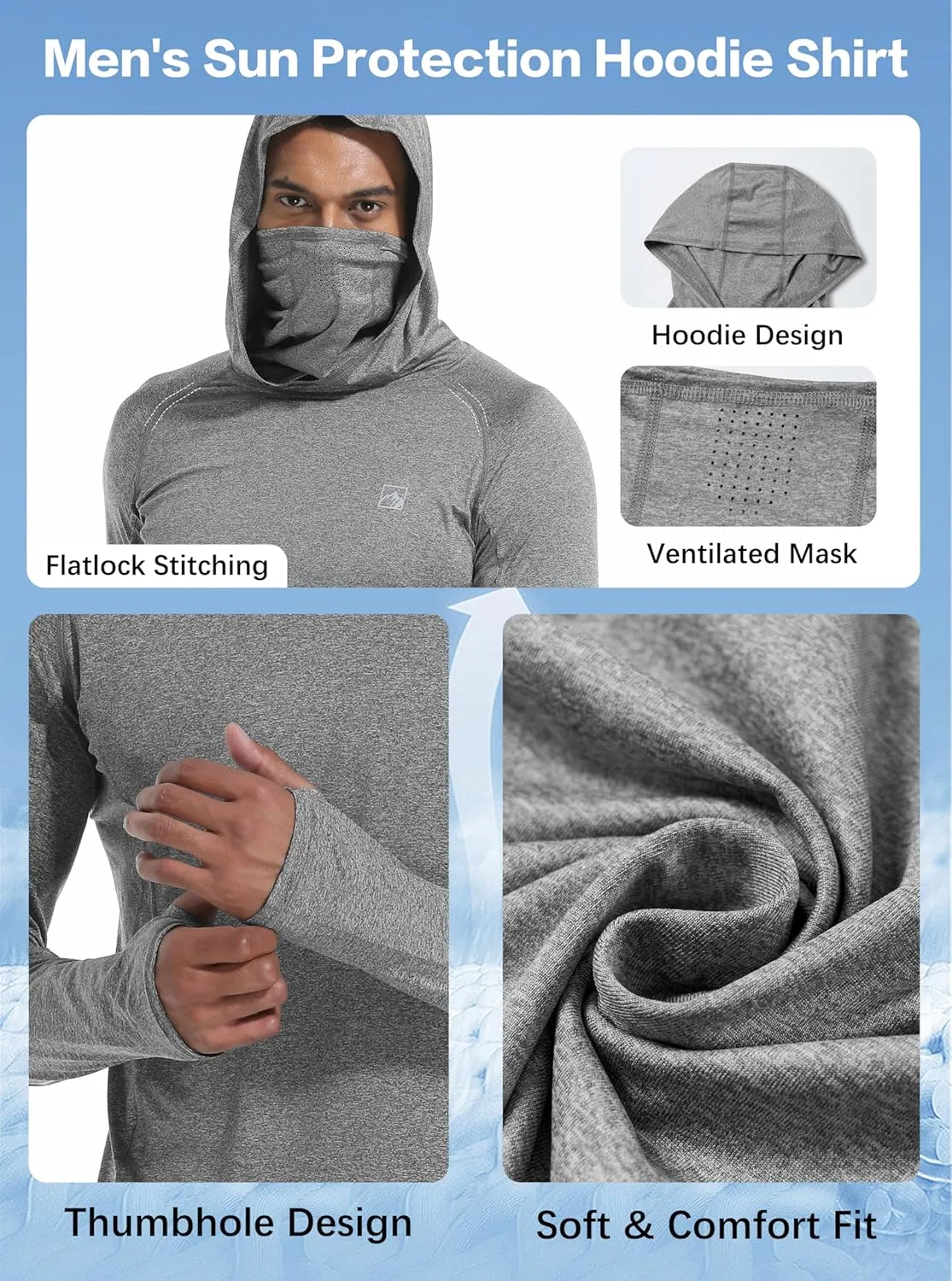 Men's UPF 50  Sun Protection Shirts UV SPF Rash Guard Long Sleeve Lightweight Hoodie Shirts Fishing Hiking Running Swim