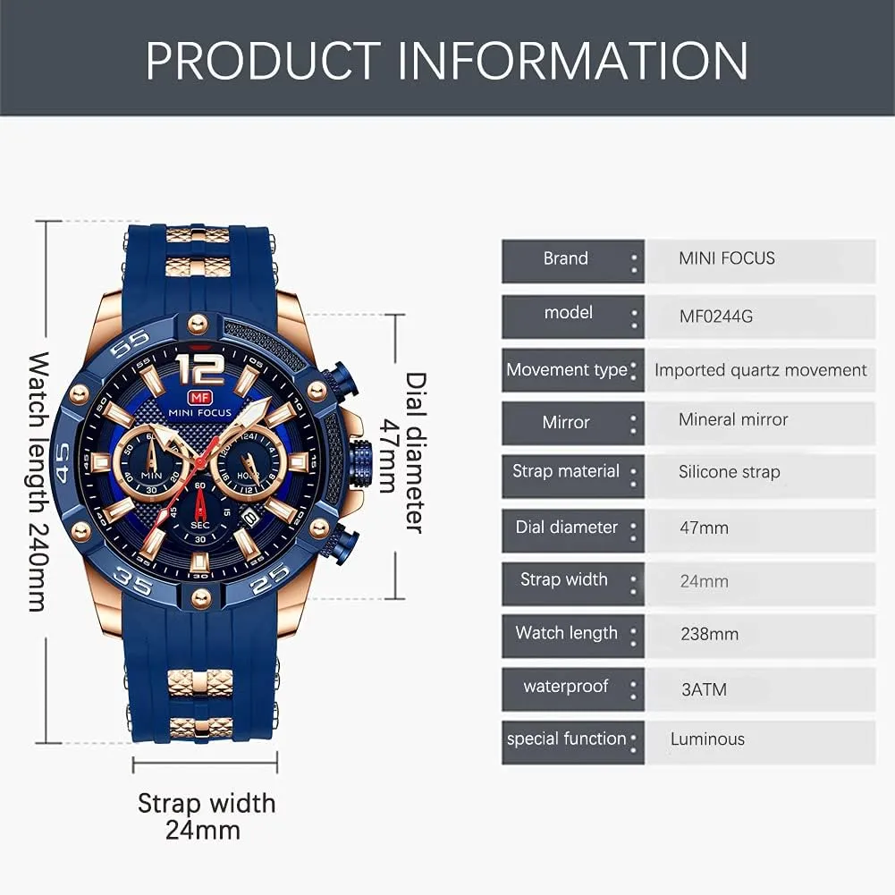 MF MINI FOCUS Men Watch, Chronograph Waterproof Sport Analog Quartz Watches Blue Silicon Strap Fashion Wristwatch for Men