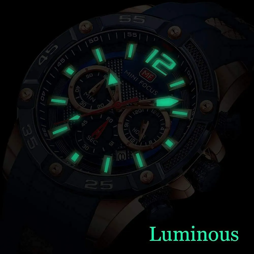 MF MINI FOCUS Men Watch, Chronograph Waterproof Sport Analog Quartz Watches Blue Silicon Strap Fashion Wristwatch for Men