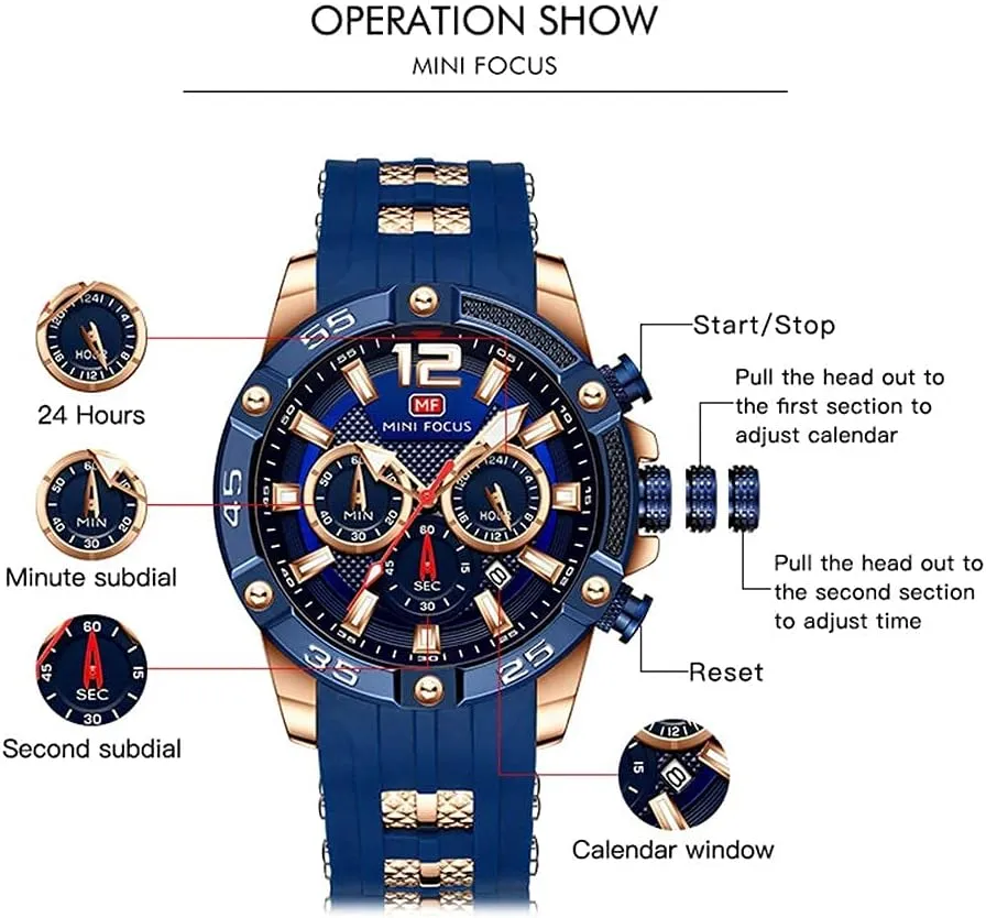 MF MINI FOCUS Men Watch, Chronograph Waterproof Sport Analog Quartz Watches Blue Silicon Strap Fashion Wristwatch for Men