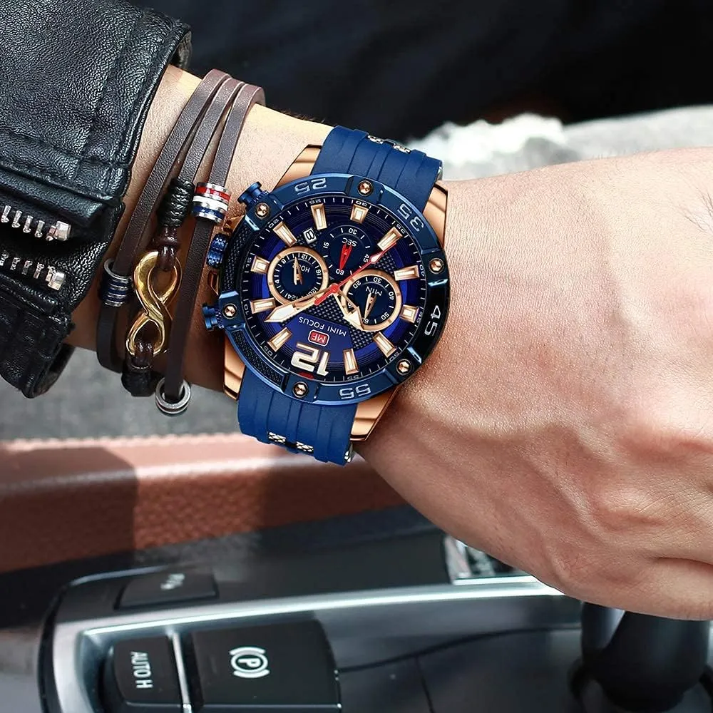MF MINI FOCUS Men Watch, Chronograph Waterproof Sport Analog Quartz Watches Blue Silicon Strap Fashion Wristwatch for Men