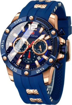 MF MINI FOCUS Men Watch, Chronograph Waterproof Sport Analog Quartz Watches Blue Silicon Strap Fashion Wristwatch for Men