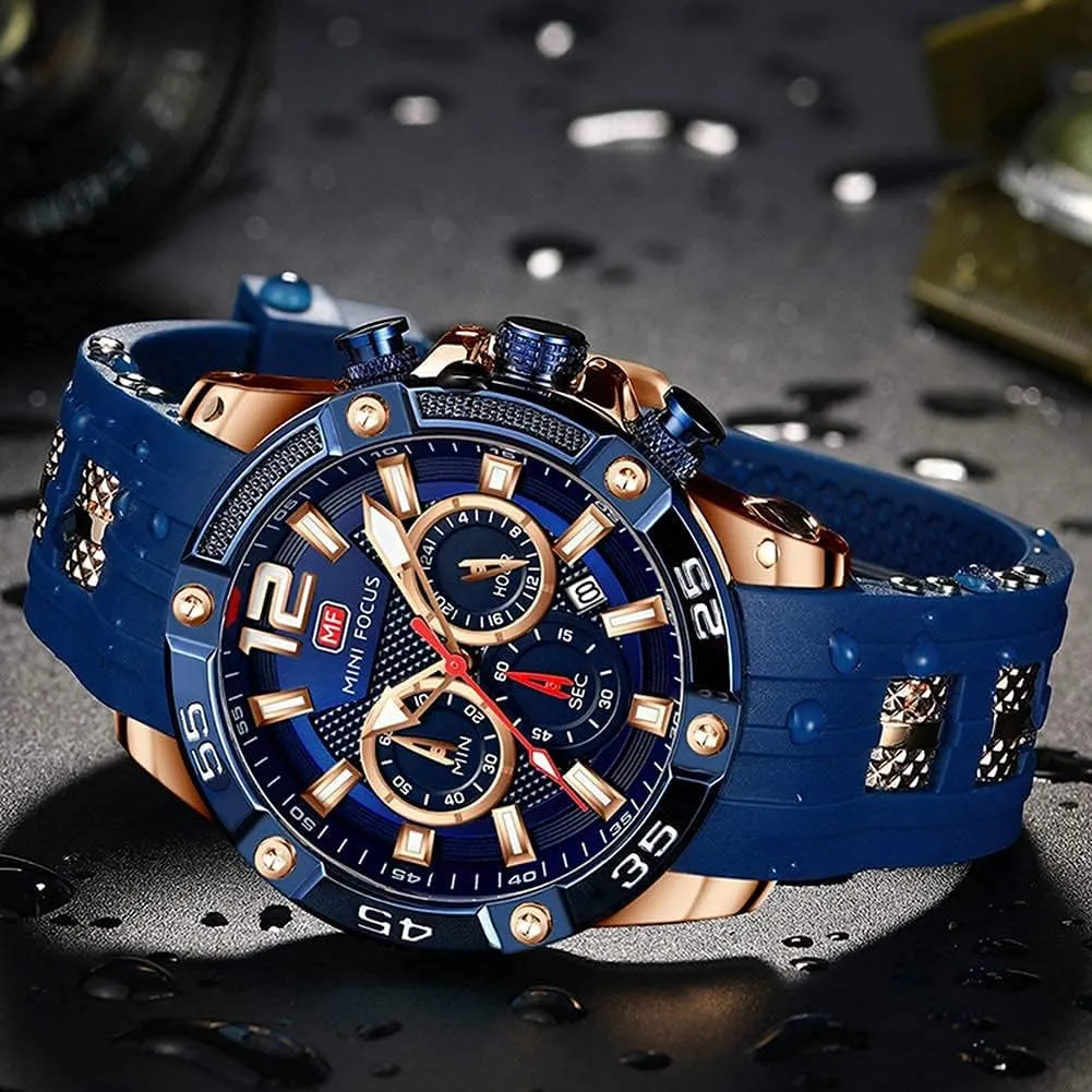 MF MINI FOCUS Men Watch, Chronograph Waterproof Sport Analog Quartz Watches Blue Silicon Strap Fashion Wristwatch for Men