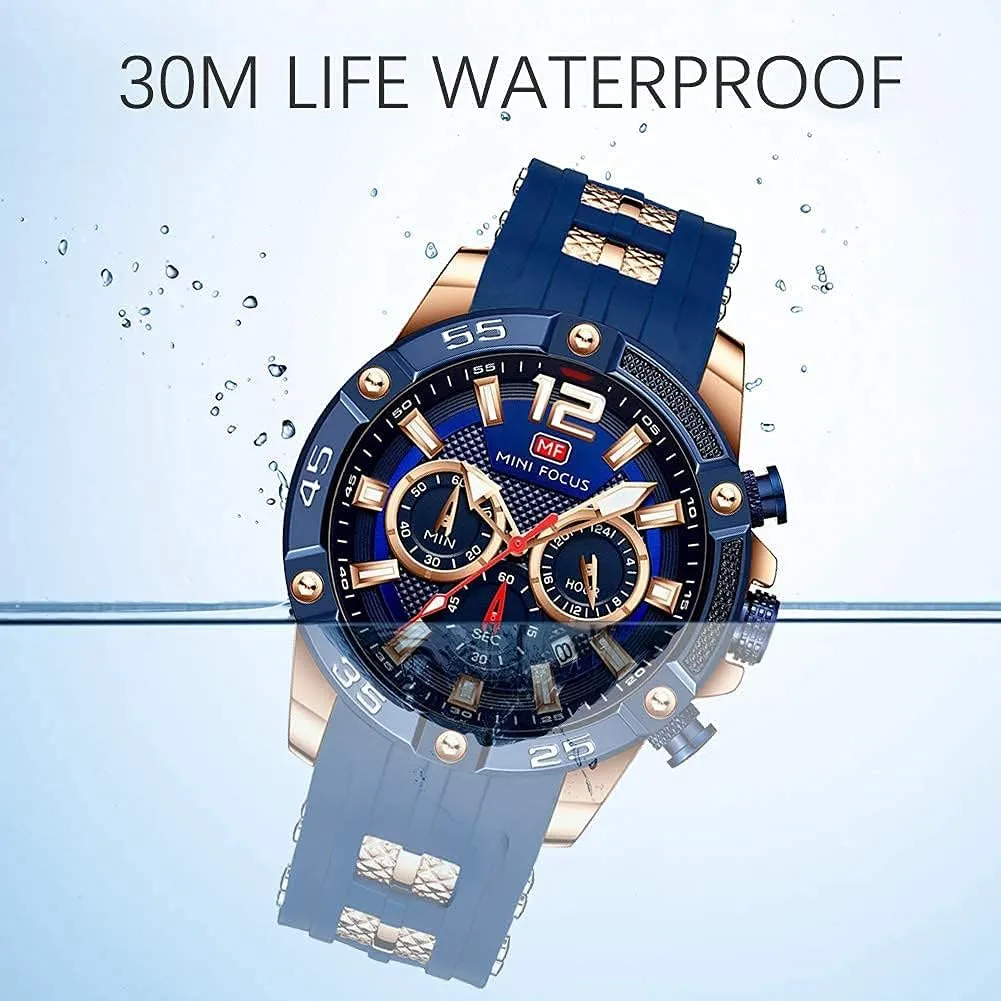 MF MINI FOCUS Men Watch, Chronograph Waterproof Sport Analog Quartz Watches Blue Silicon Strap Fashion Wristwatch for Men