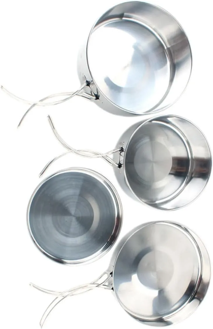 Mikikit 4pcs Stainless Steel Cookware Set Portable Durable Cooking Pots for Camping Hiking and Essential Camping Accessories Design for