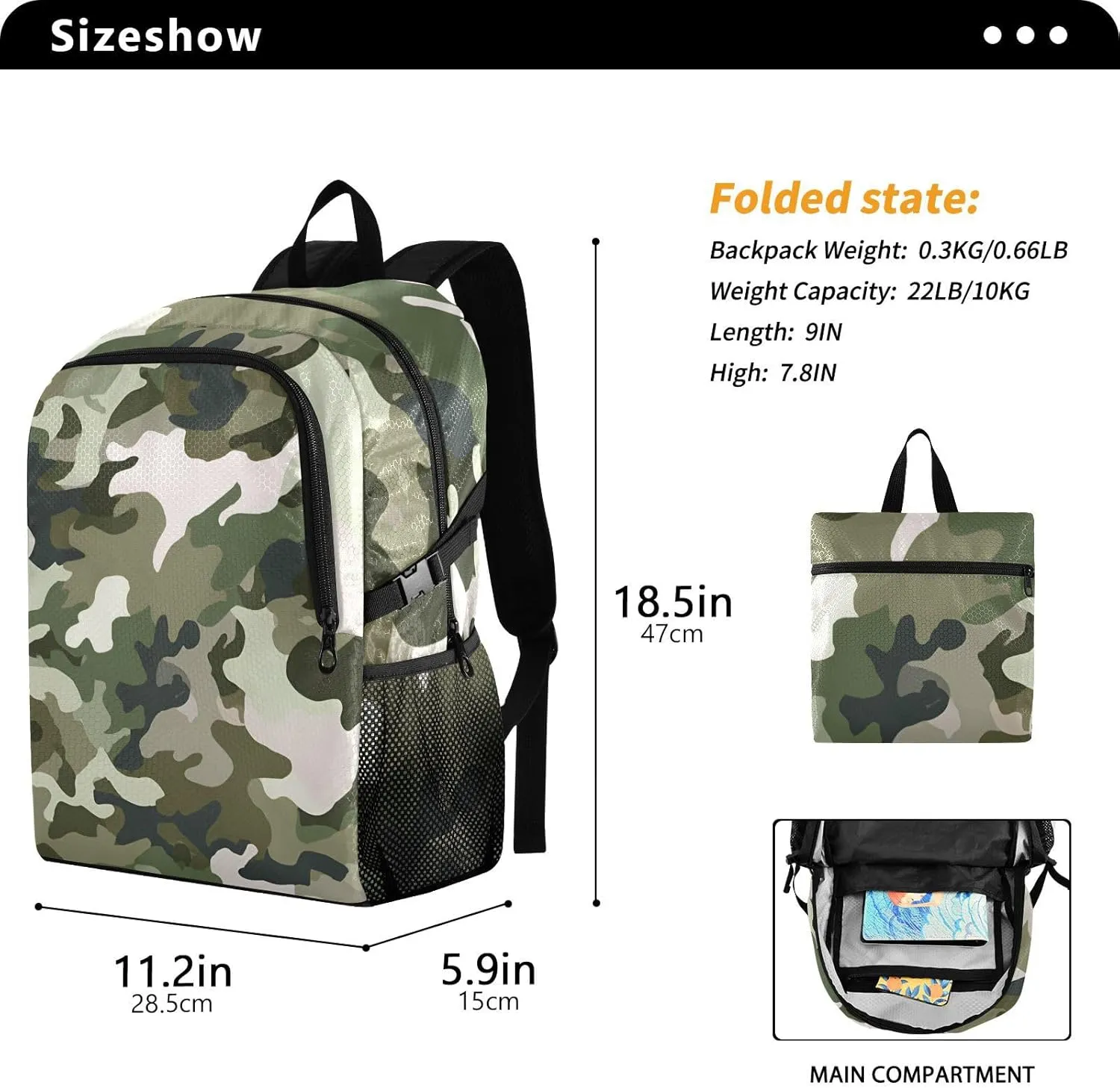 Military Style Foldable Backpack - Desert Camo Ultralight Travel Pack with Waterproof Zippers, Compact 7.8x9in when Folded for Hiking/Camping