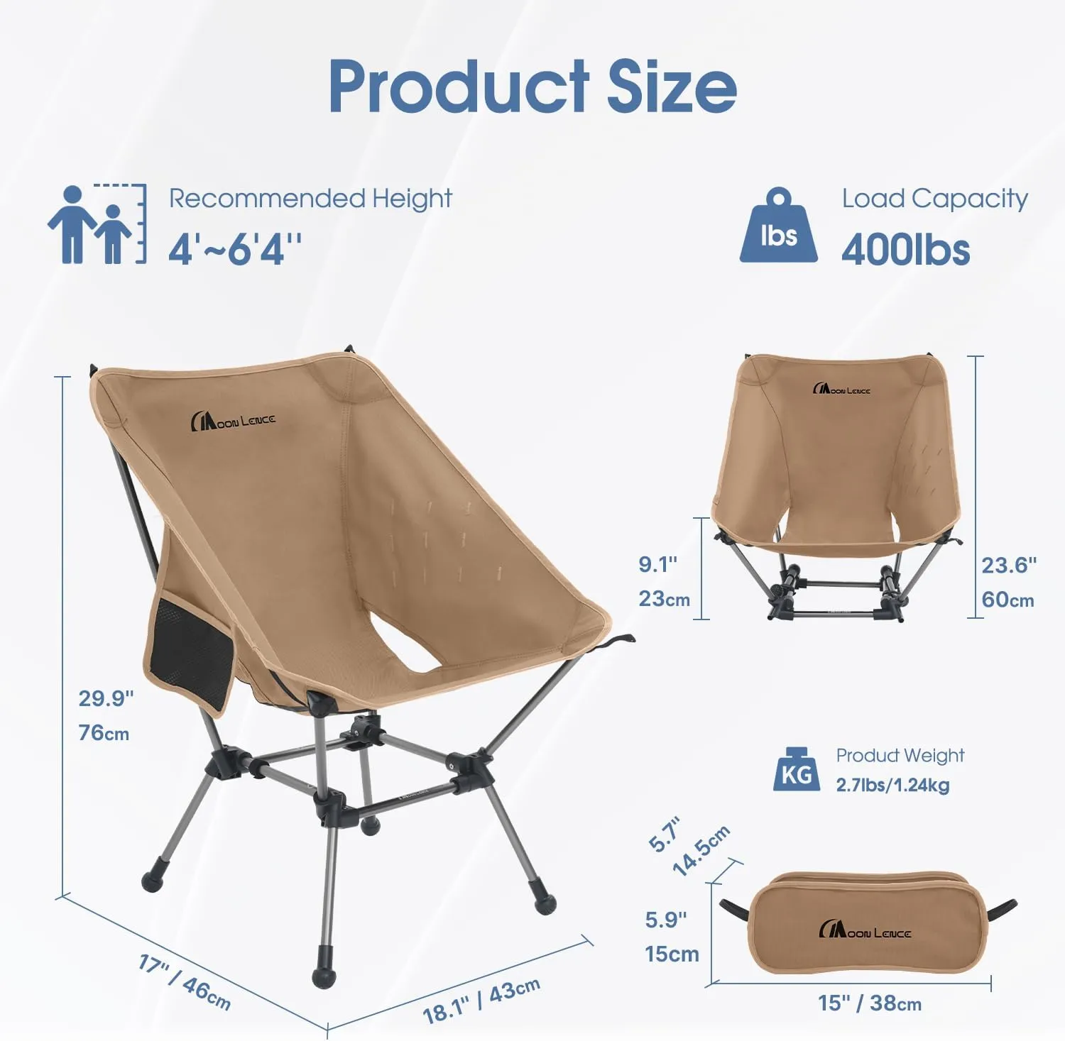 MOON LENCE Camping Chair Plus, Upgraded Comfort & Size, Still Compact and Lightweight, Folding Portable Chair for Backpacking & Hiking, 400Lbs Capacity, Gen 3 Plus
