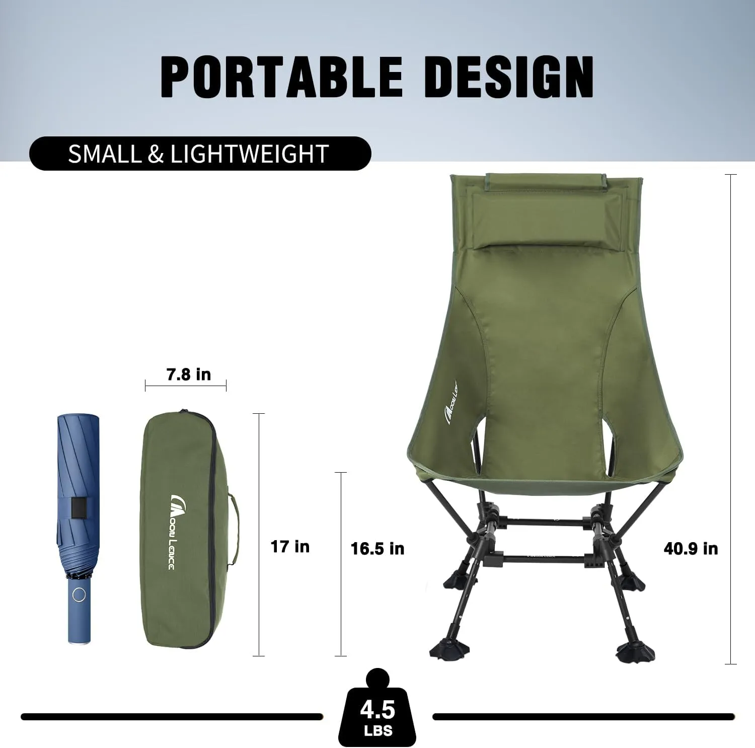 MOON LENCE Portable Camping Chairs for Adults, Adjustable Oversize Beach Chair Lawn Chair with High Back - Large Capacity, Heavy Duty (New Green with Feet)