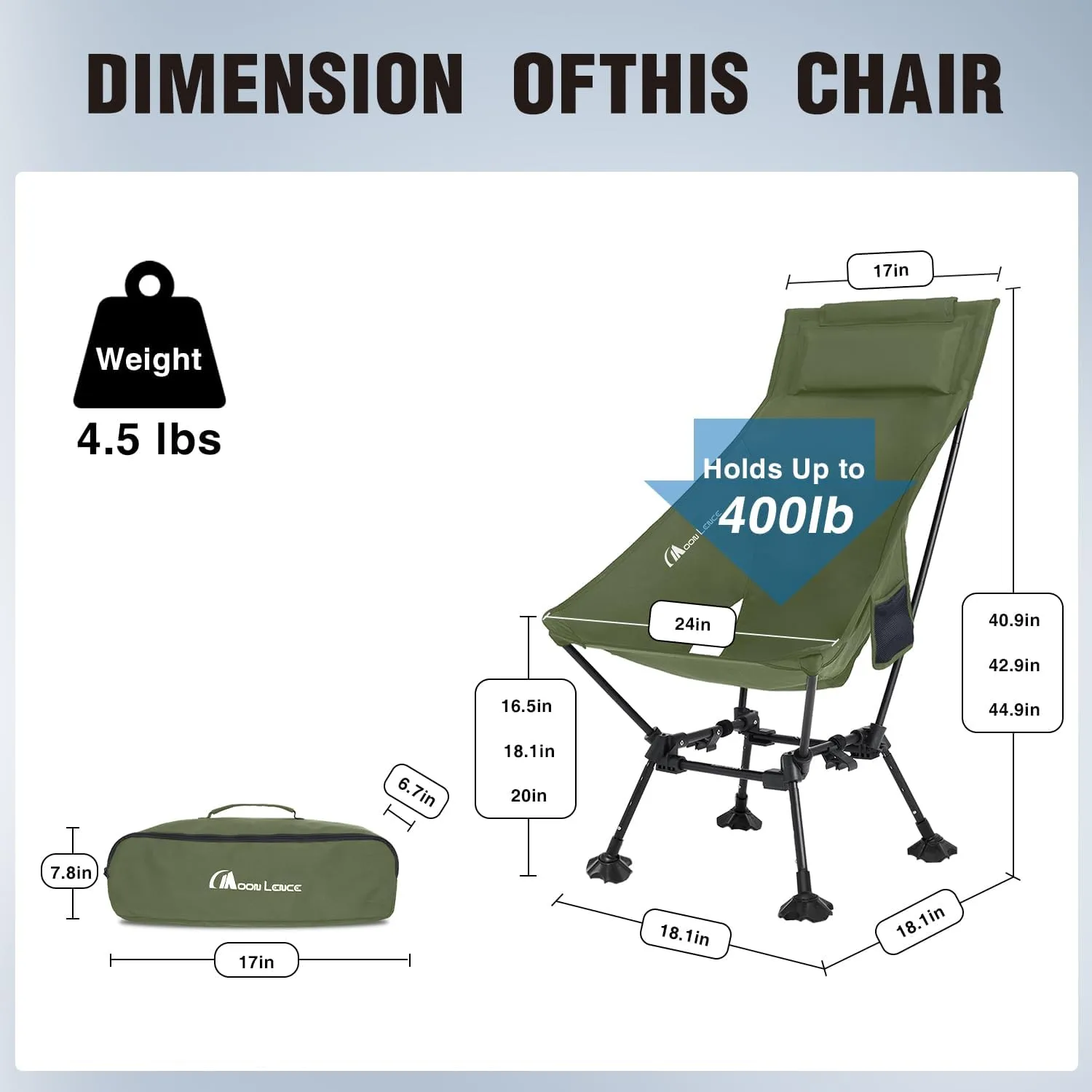 MOON LENCE Portable Camping Chairs for Adults, Adjustable Oversize Beach Chair Lawn Chair with High Back - Large Capacity, Heavy Duty (New Green with Feet)