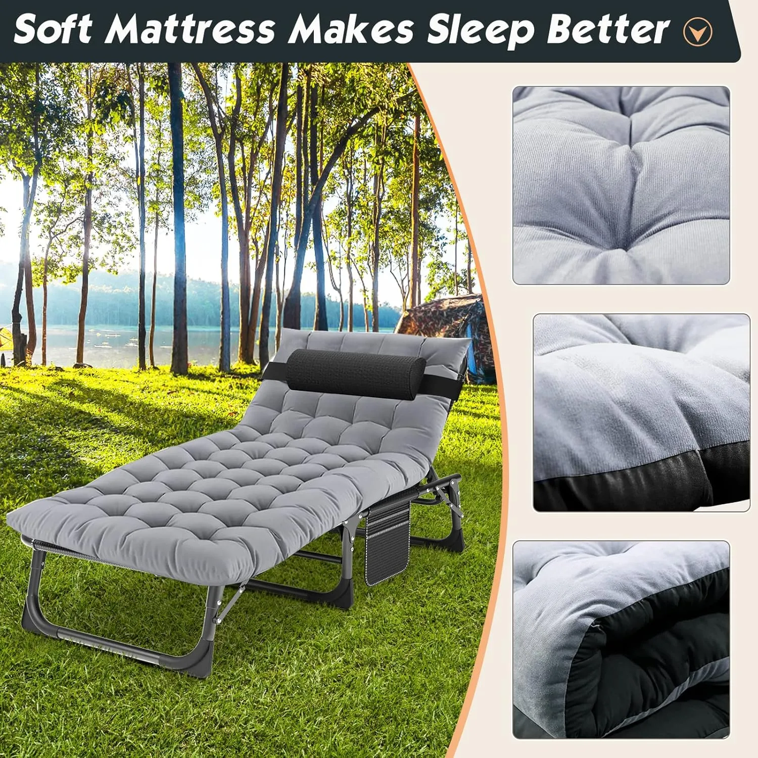 MOPHOTO Portable Folding Camping Cot with Mattress, Adjustable 5-Position Lounge Chaise Chairs Folding Bed Sleeping Cots Beds for Adults, Use for Outdoor Travel Camp Beach Patio