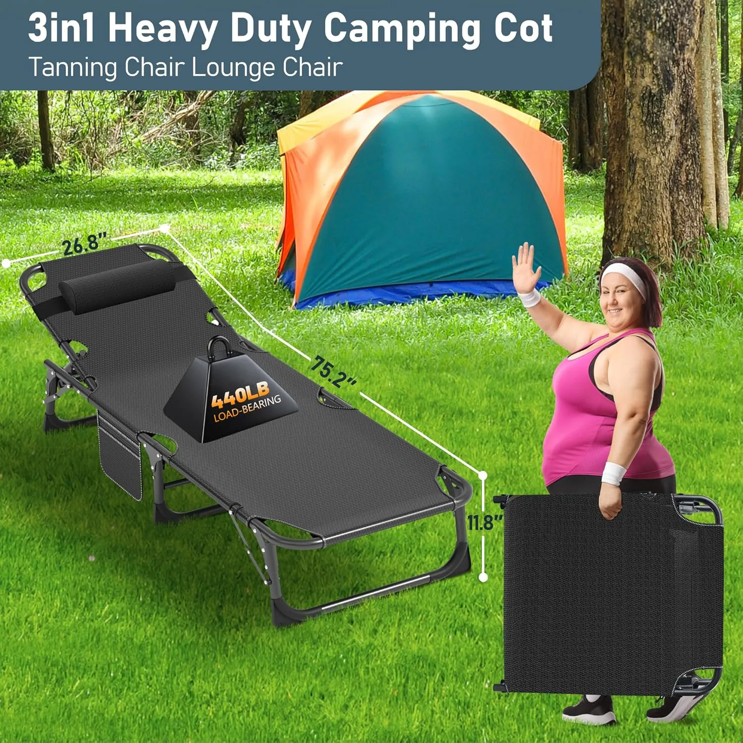 MOPHOTO Portable Folding Camping Cot with Mattress, Adjustable 5-Position Lounge Chaise Chairs Folding Bed Sleeping Cots Beds for Adults, Use for Outdoor Travel Camp Beach Patio