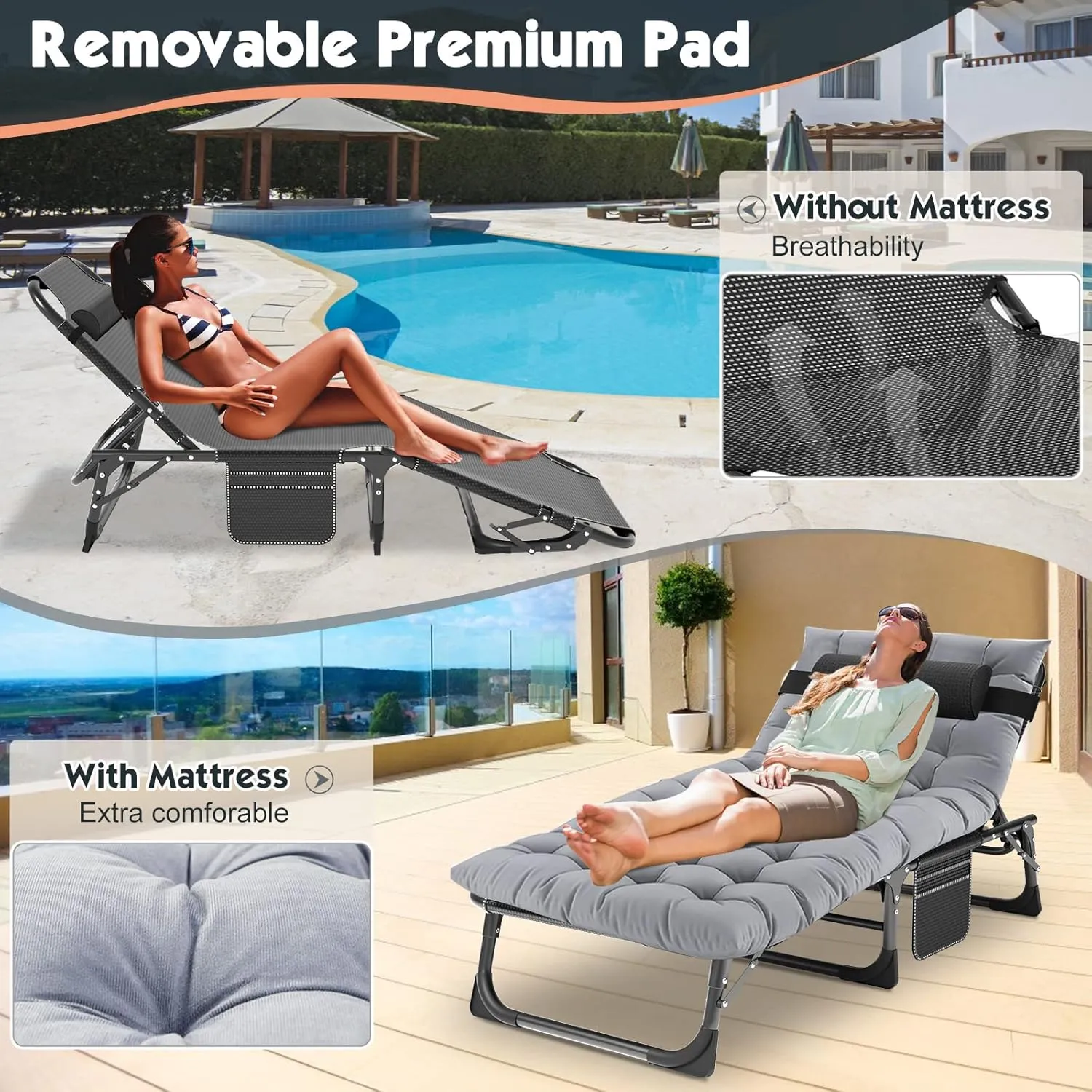 MOPHOTO Portable Folding Camping Cot with Mattress, Adjustable 5-Position Lounge Chaise Chairs Folding Bed Sleeping Cots Beds for Adults, Use for Outdoor Travel Camp Beach Patio