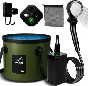 Motivekit™ Portable Camping Shower | 5.3 Gallons Foldable Bucket, 6000mAh Rechargeable Shower Pump, 6' 7" Filtered Shower Head, Summer Beach Outdoor Showering Hiking Pet Bath RV Car Wash Water Plant