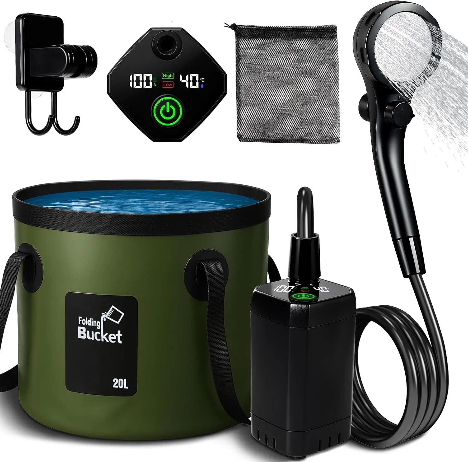 Motivekit™ Portable Camping Shower | 5.3 Gallons Foldable Bucket, 6000mAh Rechargeable Shower Pump, 6' 7" Filtered Shower Head, Summer Beach Outdoor Showering Hiking Pet Bath RV Car Wash Water Plant