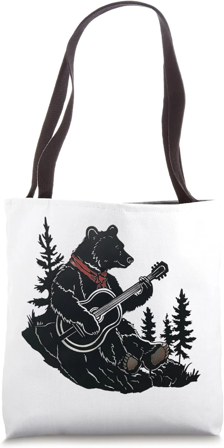 Mountain Black Bear Playing Guitar - Wilderness Hiking Tote Bag