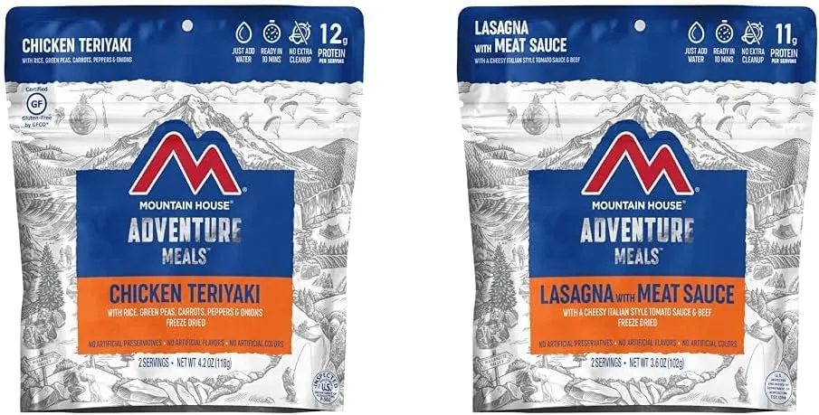 Mountain House Chicken Teriyaki with Rice | Freeze Dried Backpacking & Camping Food | 2 Servings | Gluten-Free & Lasagna with Meat Sauce | Freeze Dried Backpacking & Camping Food |2 Servings