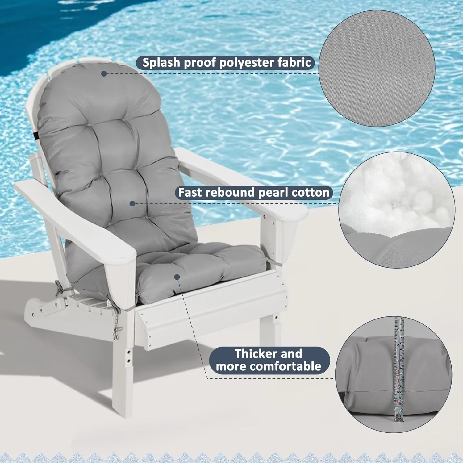 nalone Adirondack Chair Cushion Rocking Chair Cushions High Back Adirondack Cushion with Ties Weather Resistant Patio Cushions for Outdoor Furniture (1 Pack, Grey)