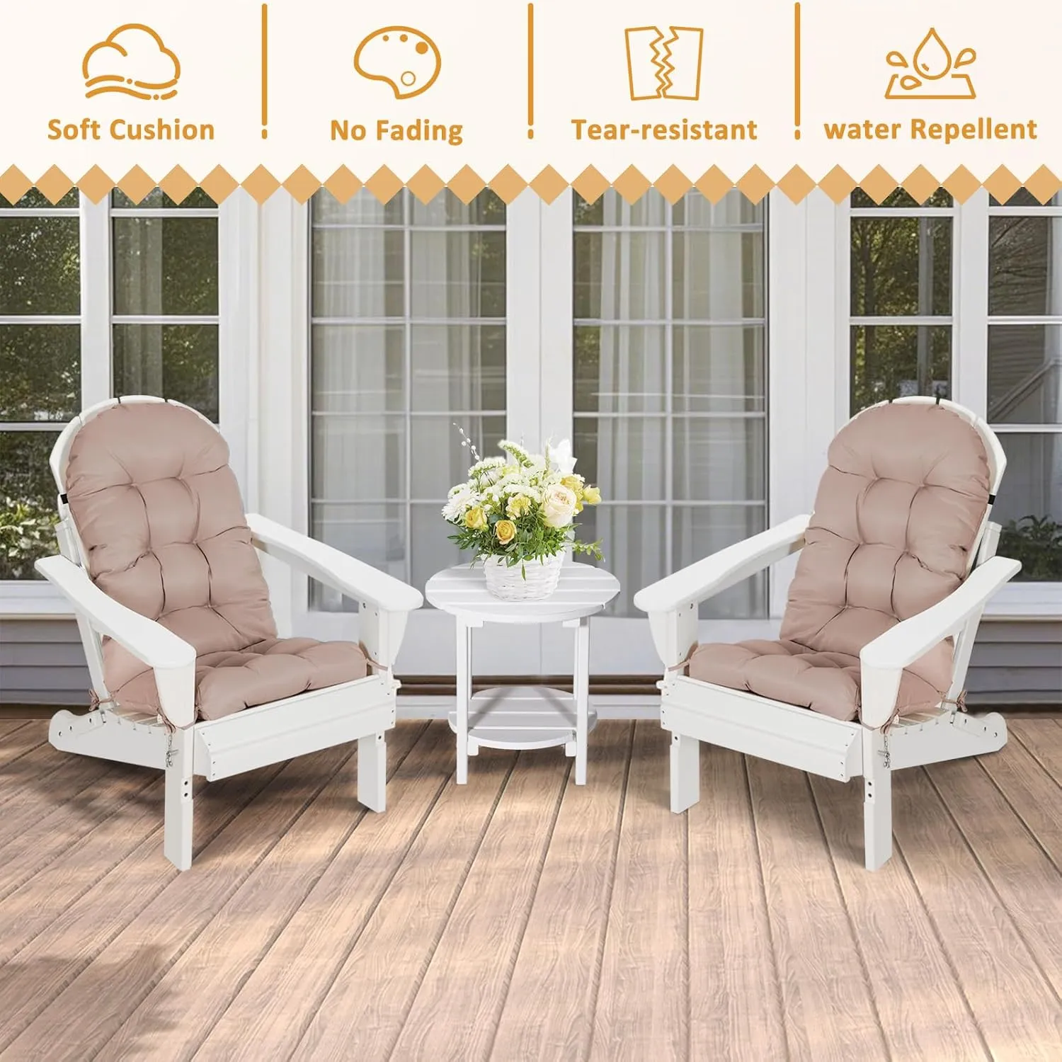 nalone Adirondack Cushion Rocking Chair Cushions High Back Adirondack Chair Cushion with Ties Patio Cushions for Outdoor Furniture (1 Pack, Beige)