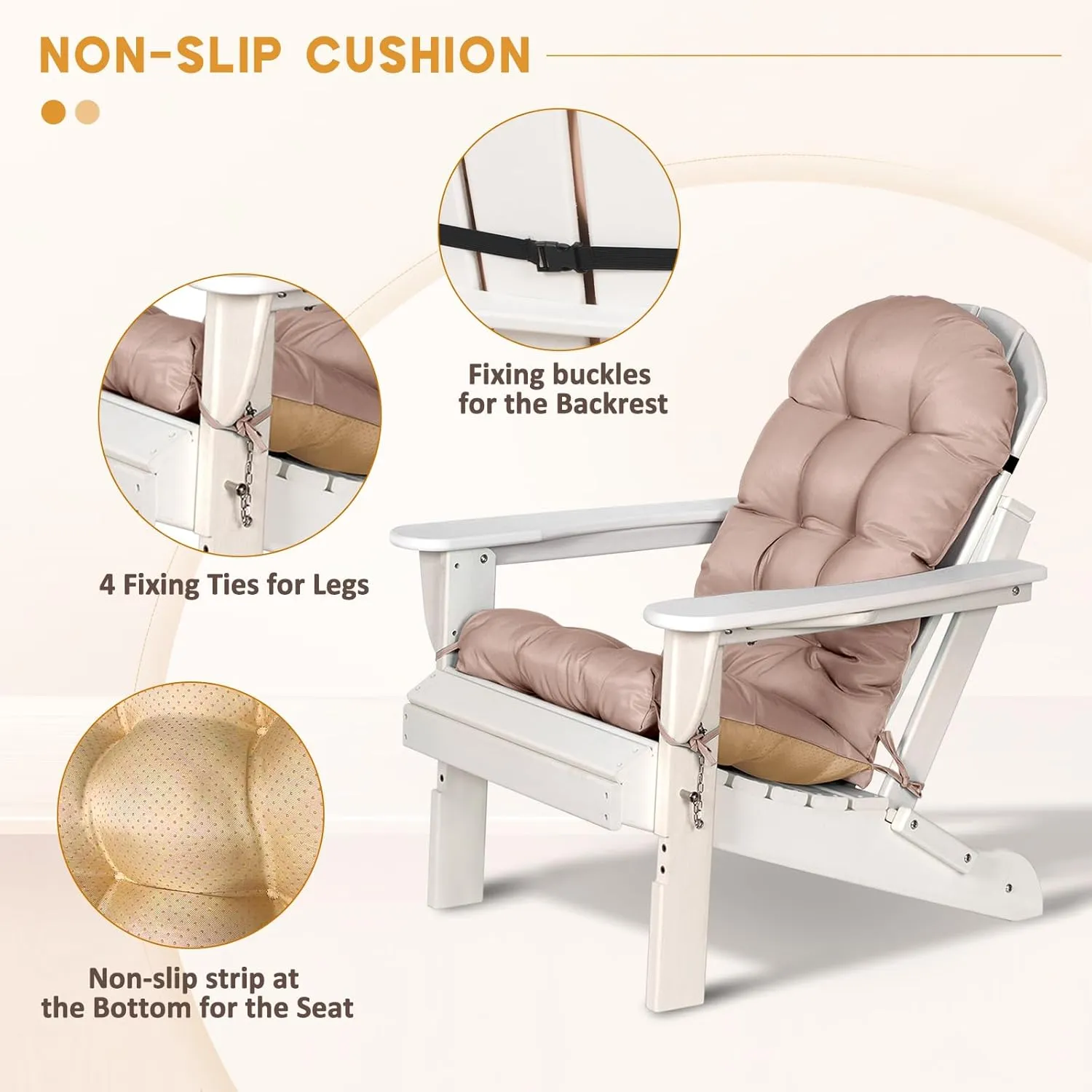nalone Adirondack Cushion Rocking Chair Cushions High Back Adirondack Chair Cushion with Ties Patio Cushions for Outdoor Furniture (1 Pack, Beige)
