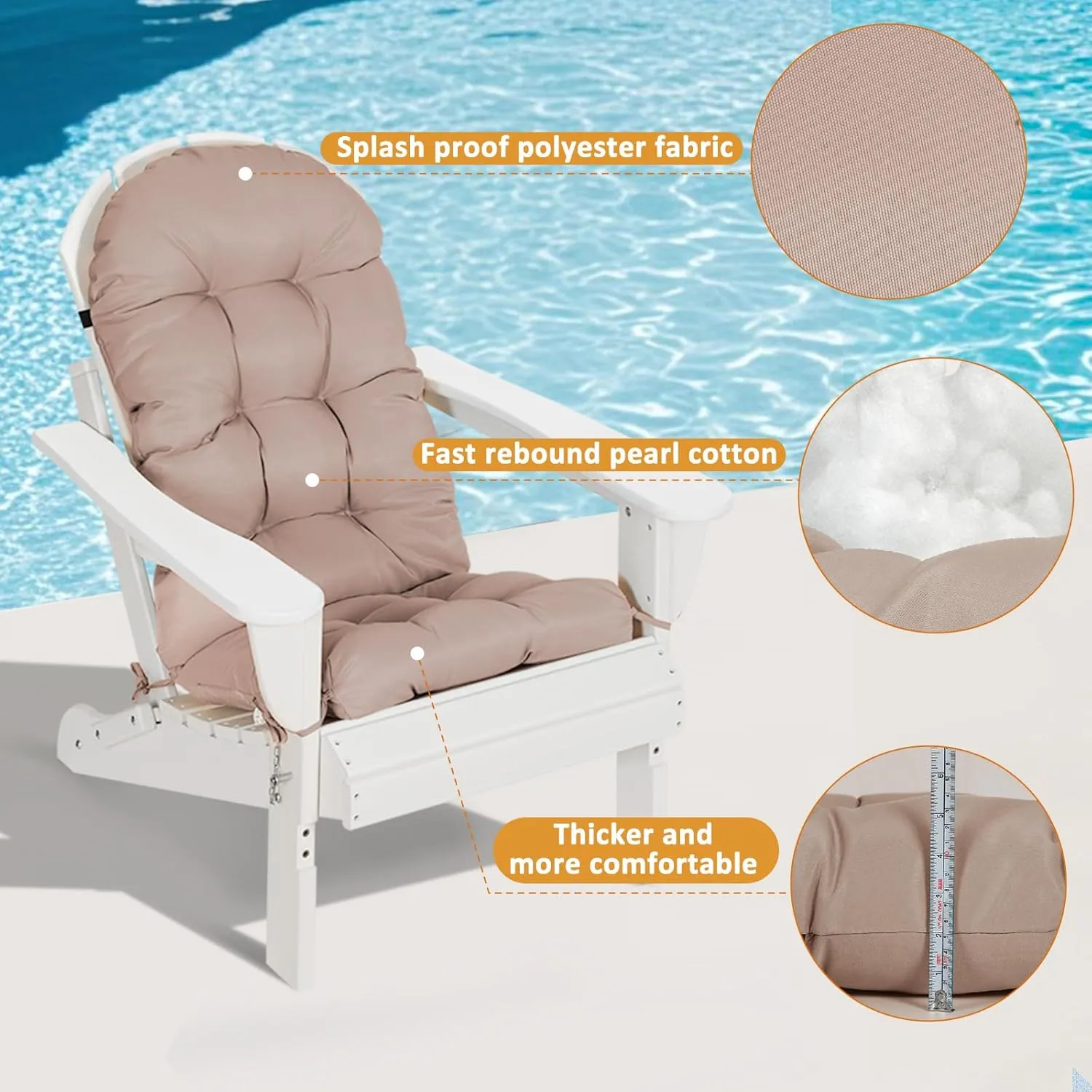 nalone Adirondack Cushion Rocking Chair Cushions High Back Adirondack Chair Cushion with Ties Patio Cushions for Outdoor Furniture (1 Pack, Beige)