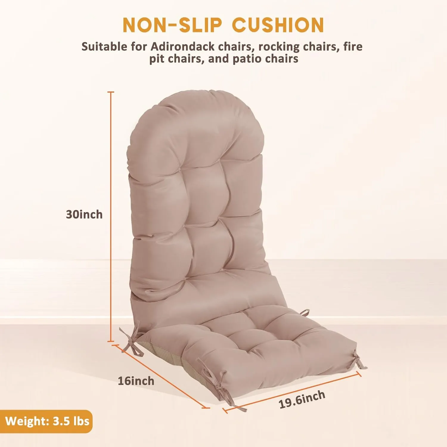 nalone Adirondack Cushion Rocking Chair Cushions High Back Adirondack Chair Cushion with Ties Patio Cushions for Outdoor Furniture (1 Pack, Beige)