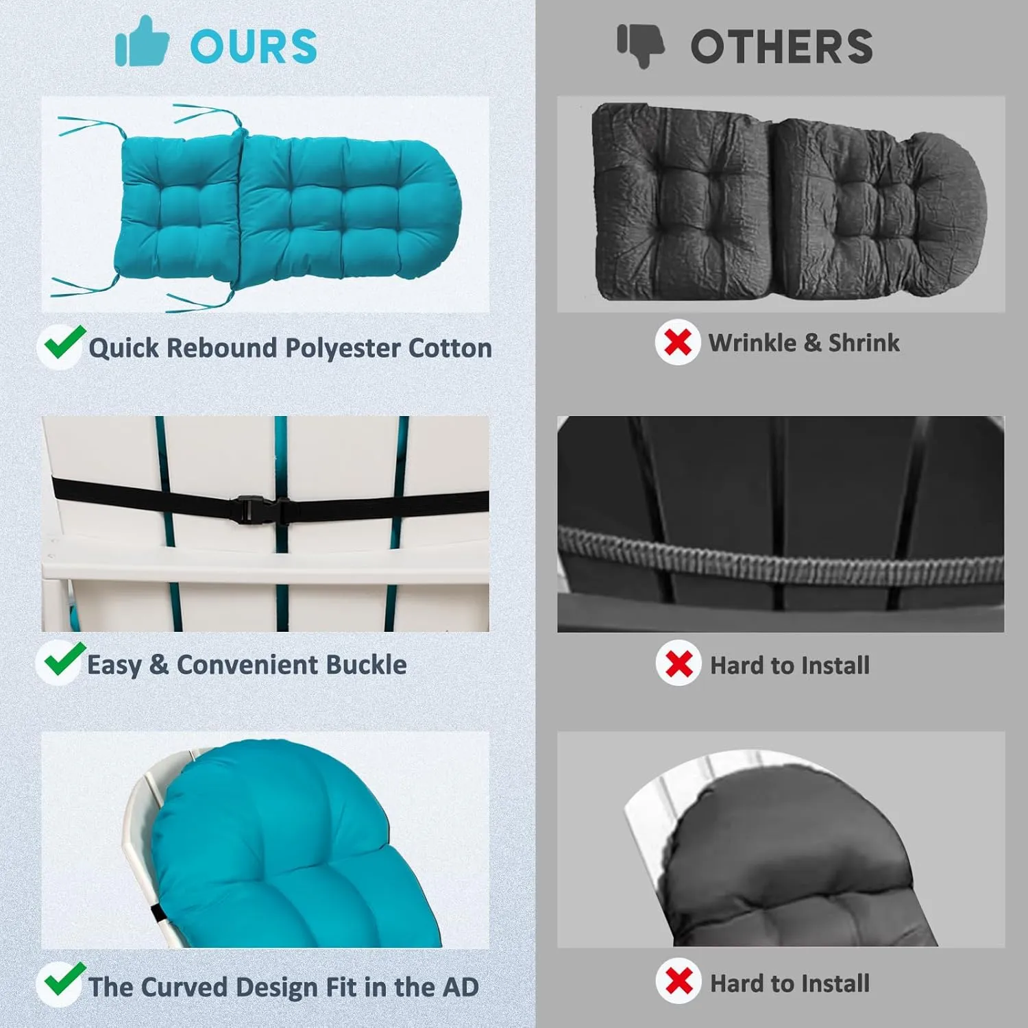 nalone Adirondack Cushion Rocking Chair Cushions High Back Adirondack Chair Cushion with Ties Patio Cushions for Outdoor Furniture (1 Pack, Blue)