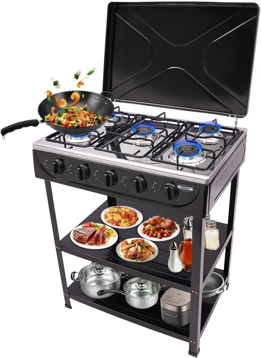 Natural Gas Stove, 5-Burner Gas Stove 2.5KW Power Portable Natural Gas Stove Adjustable Flame with Support Leg Stand and Wind Blocking Cover - Cooking Flexibility