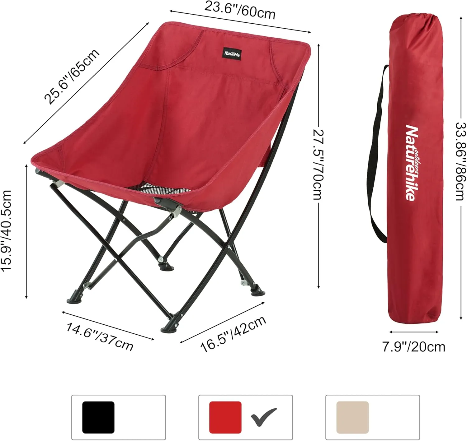 Naturehike Folding Camping Chair, Outdoor Portable Compact Chair, Collapsible & Comfortable, Heavy Duty for Travel Picnic Hiking Fishing Beach, Lightweight Backpack Chair, Red