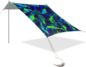 Neon Blue and Dark Green Fish Designed UPF50  Protection Foldable Beach Tent Easy Setup Large Portable Sun Shelter with Sturdy Poles, Sandbags and Shovel for Camping, Picnics, Backyard