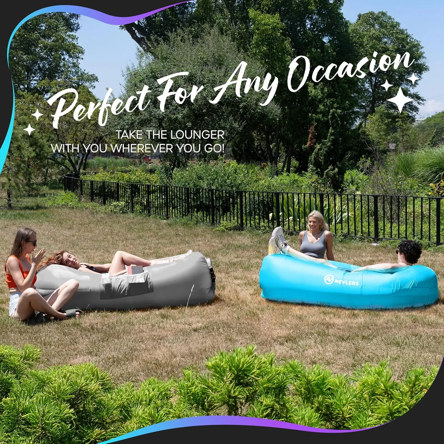 Nevlers 2 Pack Inflatable Loungers Air Sofa Couch | Perfect for Beach Chair Camping Chairs or Portable Hammock |Travel Bag Pouch, Pegs & 3 Pockets| Movie Seating & Camping Accessories Blow Up Lounger
