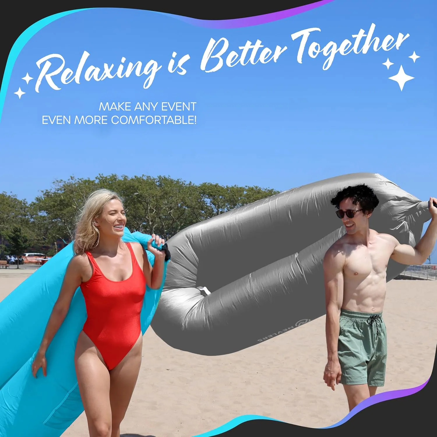 Nevlers 2 Pack Inflatable Loungers Air Sofa Couch | Perfect for Beach Chair Camping Chairs or Portable Hammock |Travel Bag Pouch, Pegs & 3 Pockets| Movie Seating & Camping Accessories Blow Up Lounger
