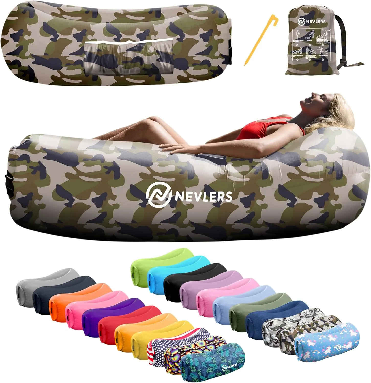 Nevlers Inflatable Lounger | 210T Polyester Inflatable Chair | No-Pump Blow Up Couch | Camping Couch Air Sofa Bed w/ 450 lbs. Cap., Pockets & Matching Bag | Use as Inflatable Couch for Adults & Kids