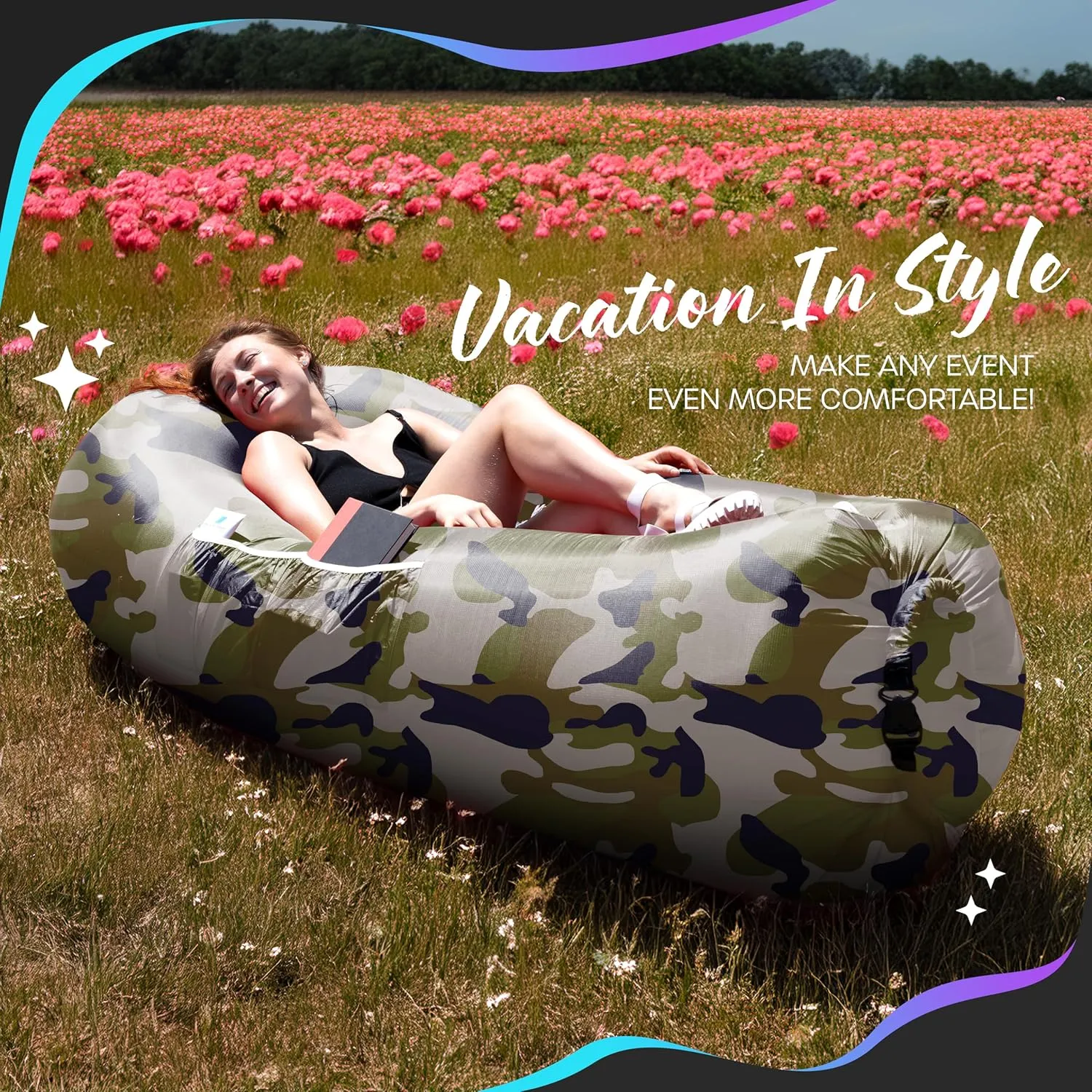Nevlers Inflatable Lounger | 210T Polyester Inflatable Chair | No-Pump Blow Up Couch | Camping Couch Air Sofa Bed w/ 450 lbs. Cap., Pockets & Matching Bag | Use as Inflatable Couch for Adults & Kids