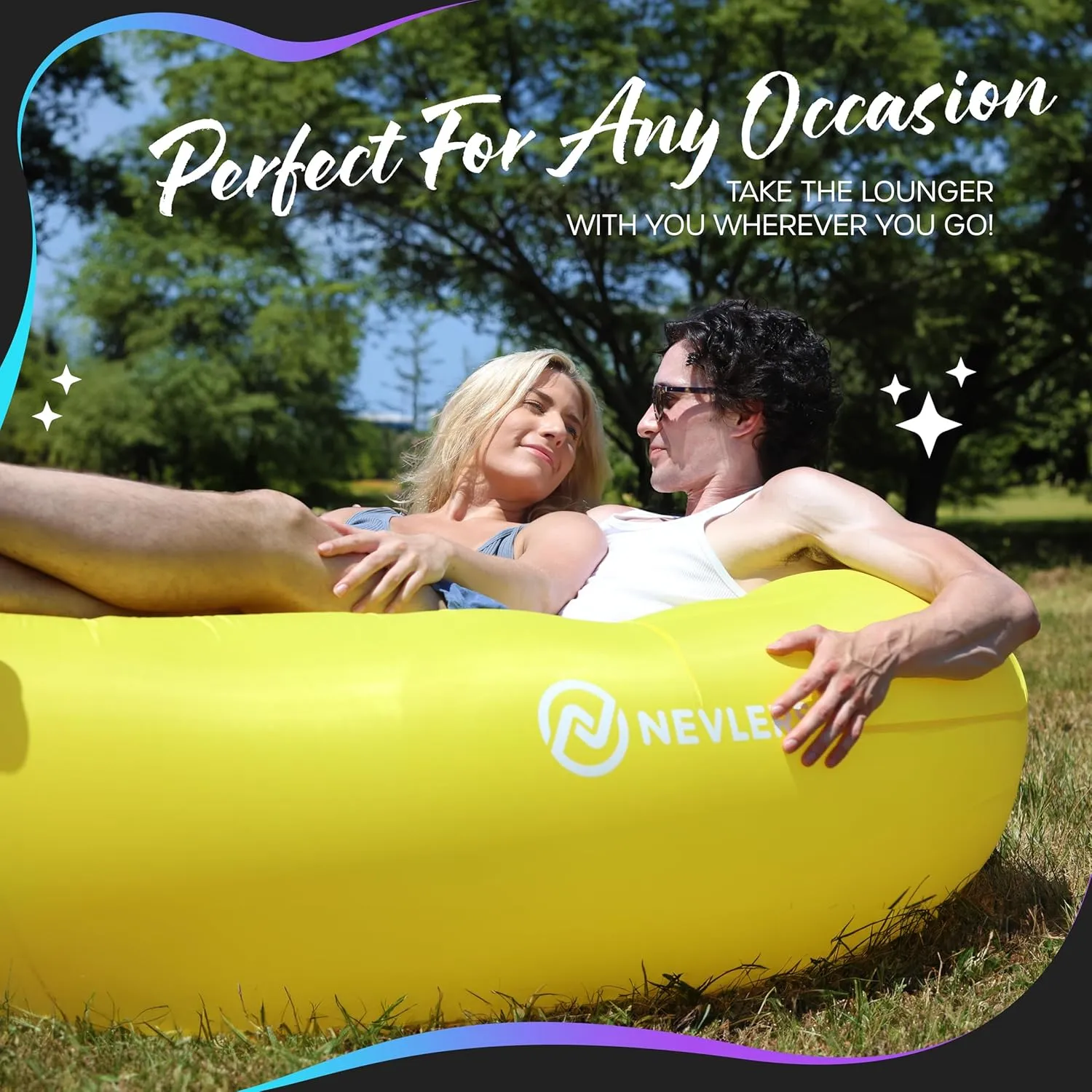 Nevlers Inflatable Lounger | 210T Polyester Inflatable Chair | No-Pump Blow Up Couch | Camping Couch Air Sofa Bed w/ 450 lbs. Cap., Pockets & Matching Bag | Use as Inflatable Couch for Adults & Kids
