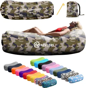Nevlers Inflatable Lounger | 210T Polyester Inflatable Chair | No-Pump Blow Up Couch | Camping Couch Air Sofa Bed w/ 450 lbs. Cap., Pockets & Matching Bag | Use as Inflatable Couch for Adults & Kids