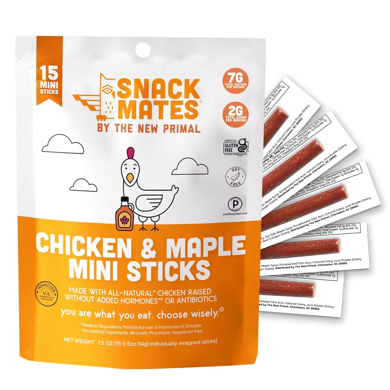 New Primal Snack Mates Chicken & Maple Sticks, Gluten Free Healthy Snacks for Kids, Low Sugar High Protein Back to School Snacks, Mini Paleo Jerky Meat Stick, 7g Protein, 50 Calories, 0.5 Ounce (Pack of 15)