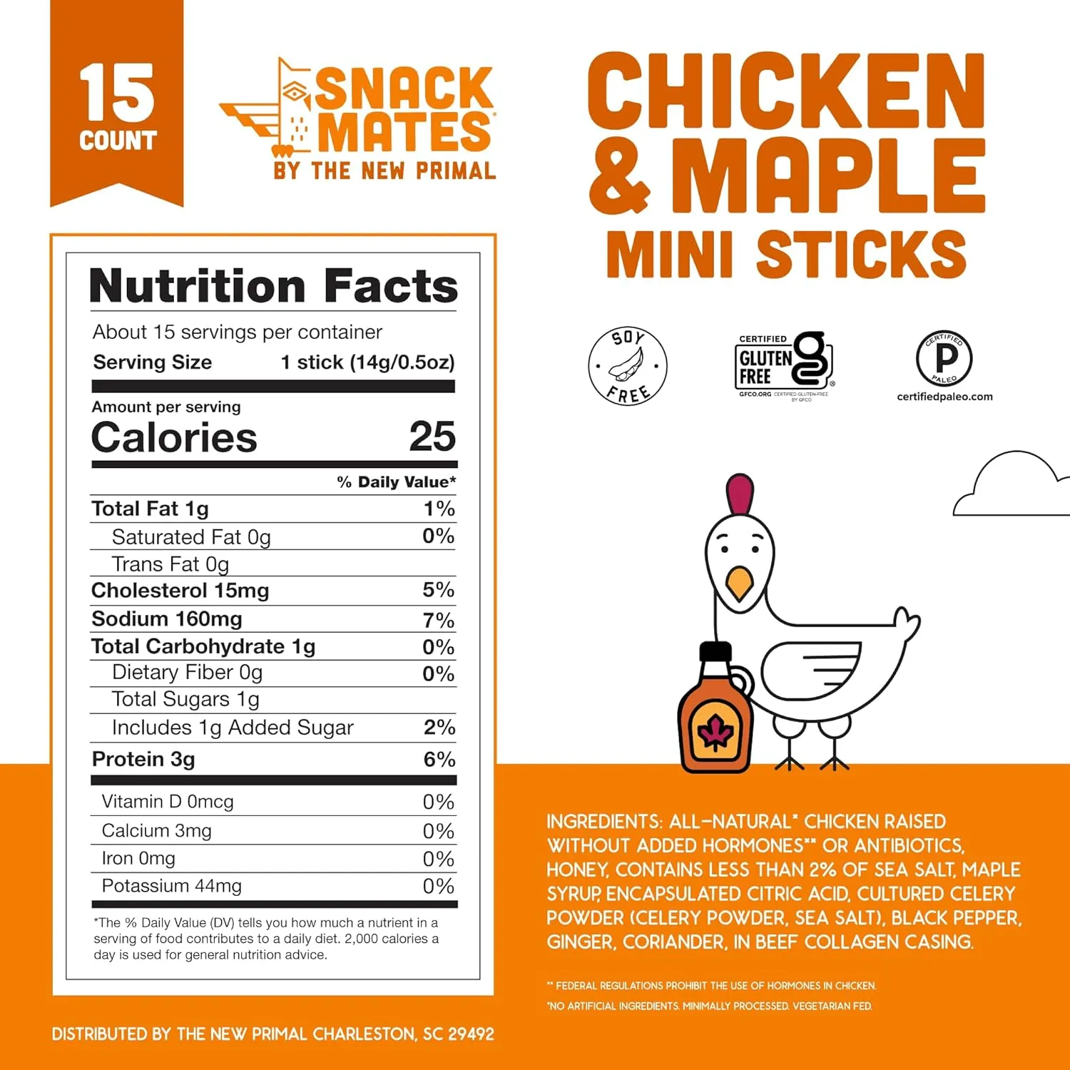 New Primal Snack Mates Chicken & Maple Sticks, Gluten Free Healthy Snacks for Kids, Low Sugar High Protein Back to School Snacks, Mini Paleo Jerky Meat Stick, 7g Protein, 50 Calories, 0.5 Ounce (Pack of 15)